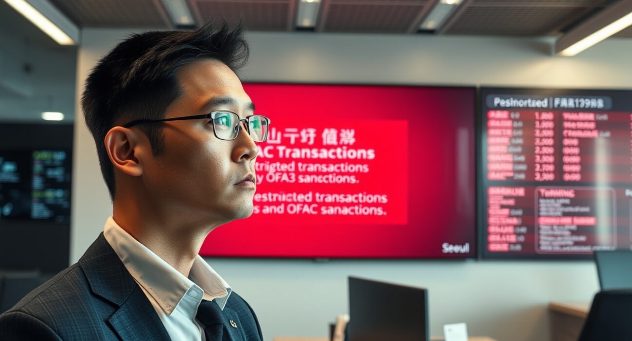 Bithumb exchange office in Seoul with screen showing restricted transactions warning