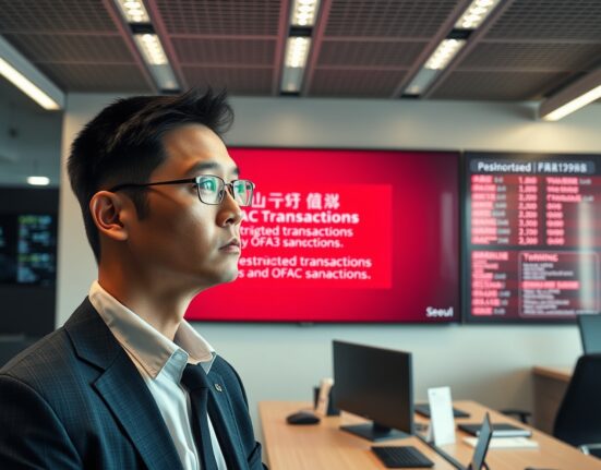Bithumb exchange office in Seoul with screen showing restricted transactions warning
