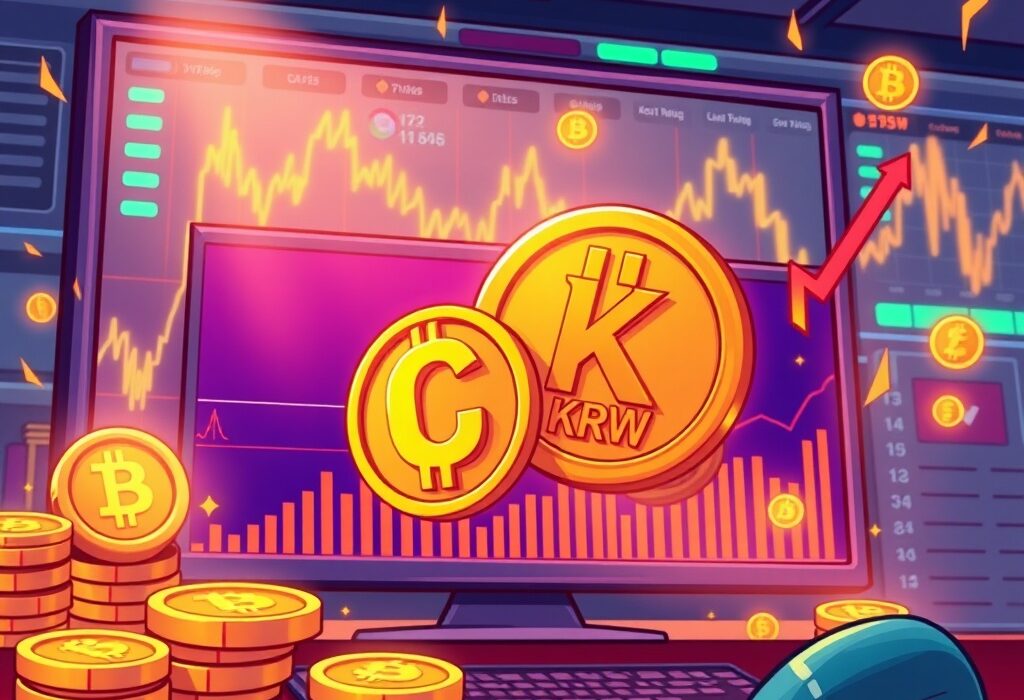 A cartoon illustration representing a new Bithumb C/KRW trading pair launch on a crypto exchange, symbolizing fresh opportunities for traders.