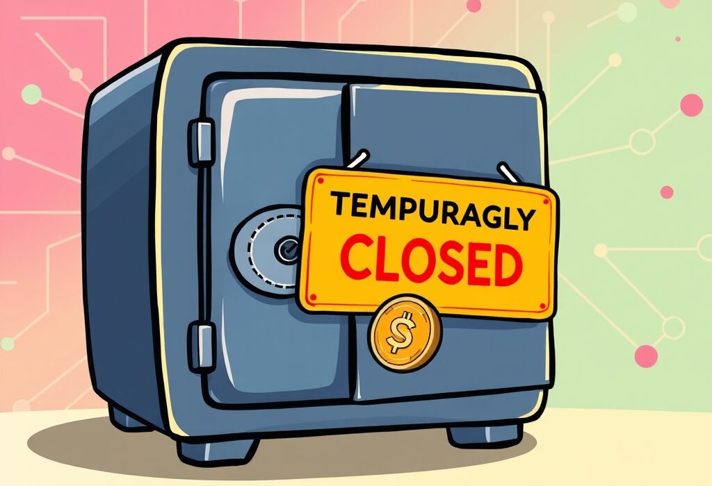 A cartoon image showing a cryptocurrency exchange vault temporarily closed, illustrating the Bithumb CELO suspension for a network upgrade.