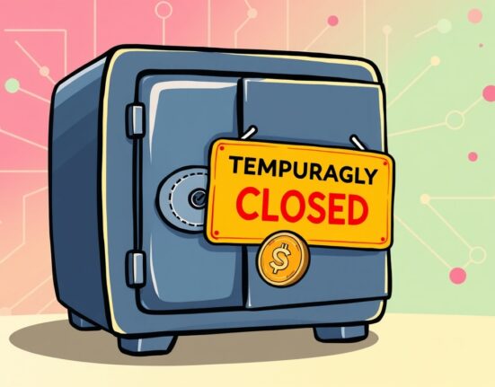 A cartoon image showing a cryptocurrency exchange vault temporarily closed, illustrating the Bithumb CELO suspension for a network upgrade.