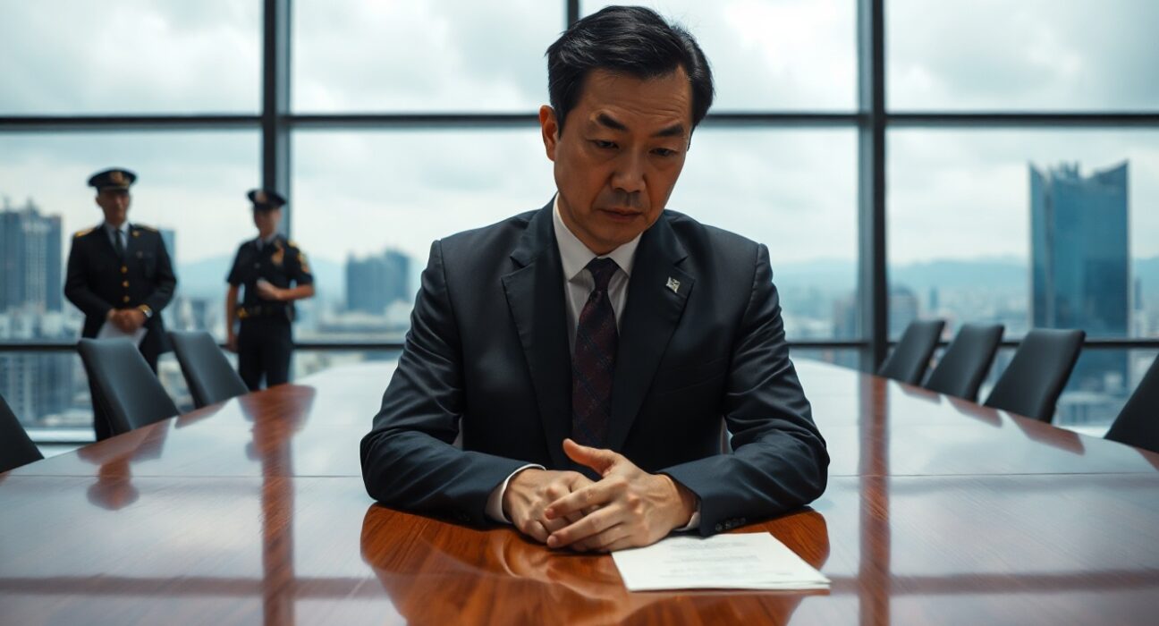 Bithumb CEO Lee Jae-won in a boardroom with police officers during bribery investigation
