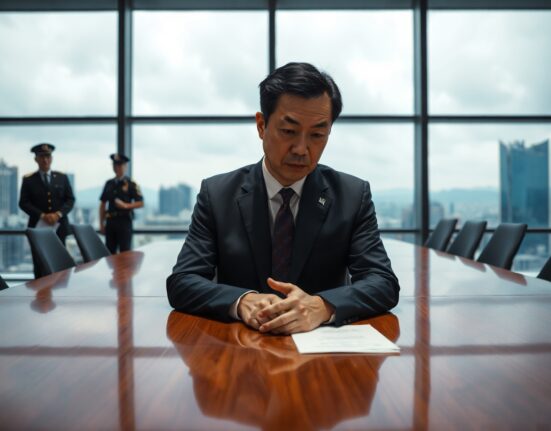 Bithumb CEO Lee Jae-won in a boardroom with police officers during bribery investigation