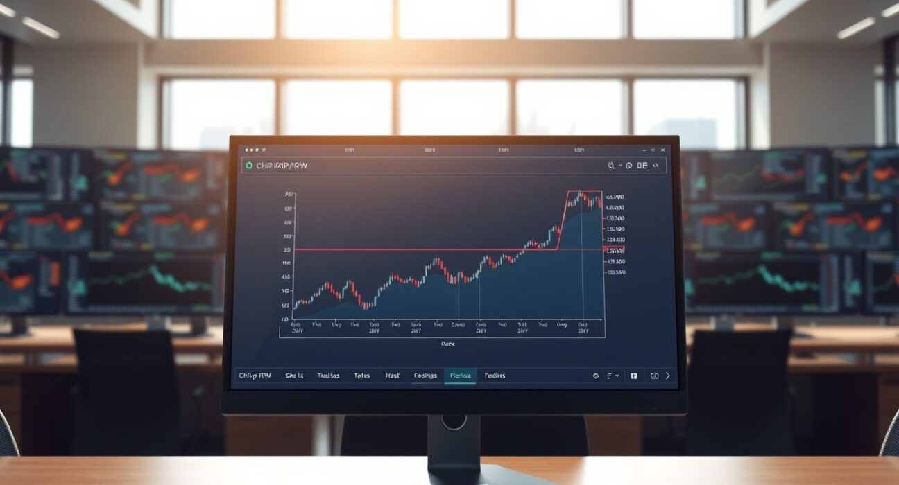 Professional trading interface showing CHIP/KRW listing on Bithumb exchange in a financial newsroom setting