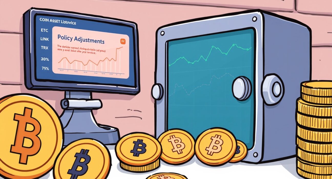 Cartoon showing digital assets managed within a secure vault, illustrating Bithumb coin lending policy changes.