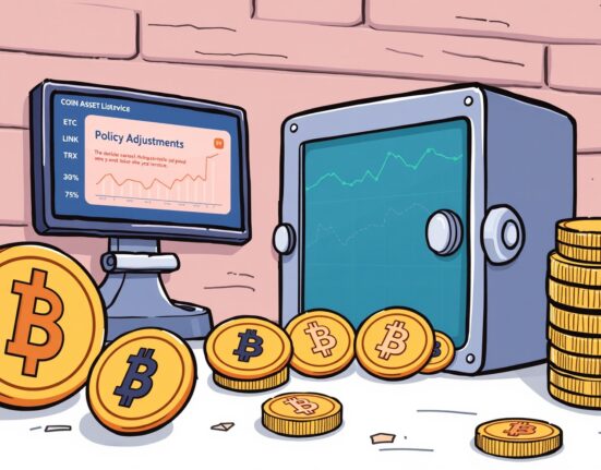 Cartoon showing digital assets managed within a secure vault, illustrating Bithumb coin lending policy changes.