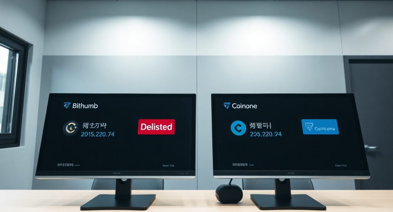Bithumb and Coinone exchange interfaces showing HIGH token delisting alert
