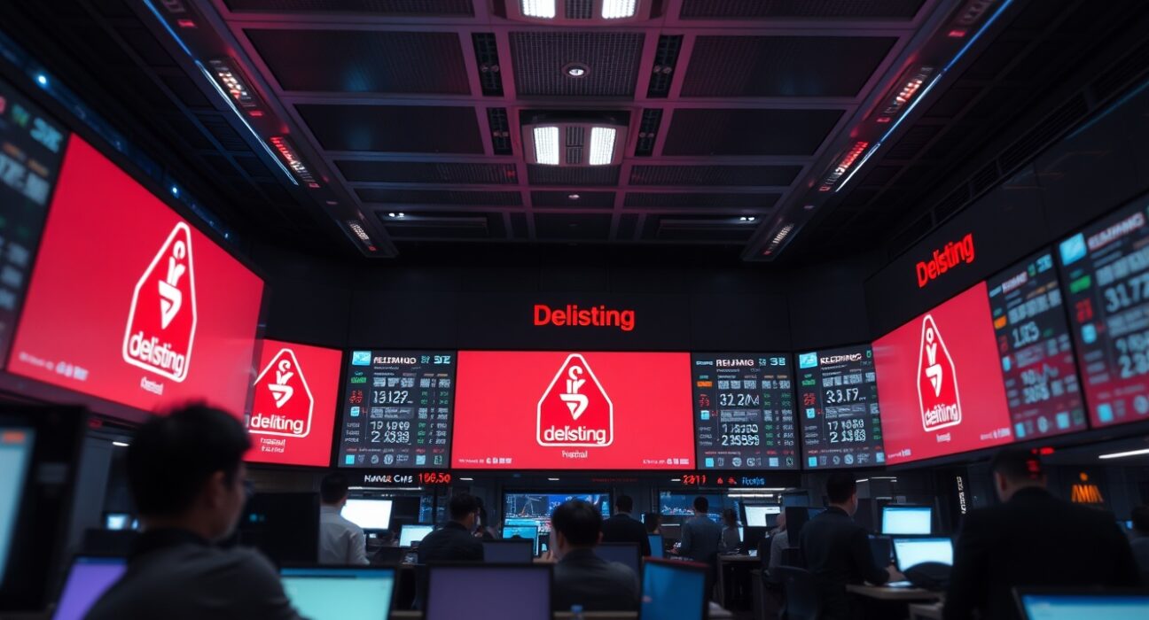 Digital trading screens at a Seoul crypto exchange showing a delisting warning for Eclipse (ES) token.