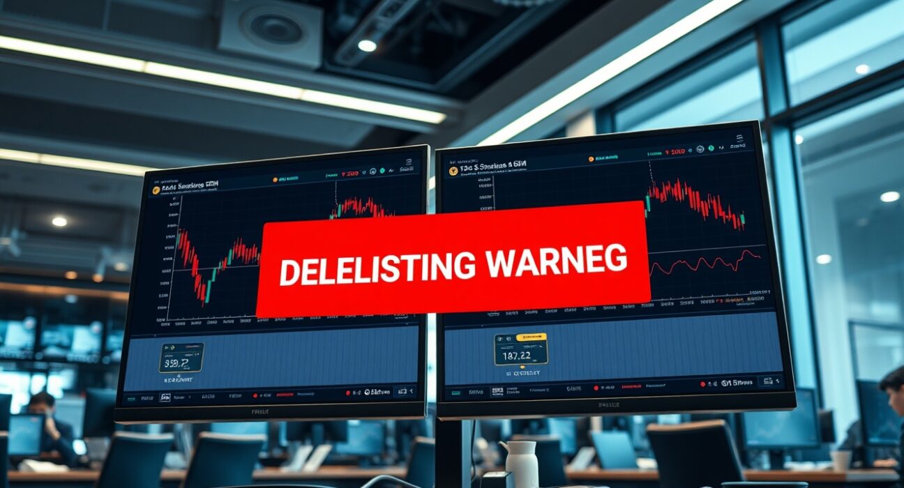 A cryptocurrency trading desk in Seoul with a monitor displaying a delisting warning for Highstreet (HIGH).