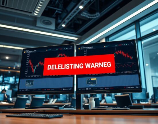 A cryptocurrency trading desk in Seoul with a monitor displaying a delisting warning for Highstreet (HIGH).