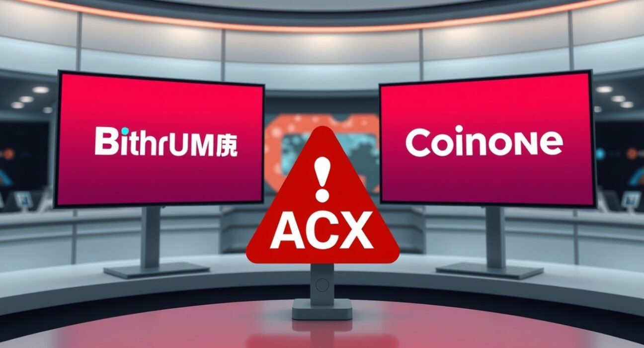 Bithumb and Coinone logos with ACX warning sign on digital screens in a newsroom setting