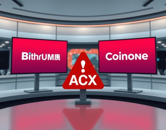 Bithumb and Coinone logos with ACX warning sign on digital screens in a newsroom setting