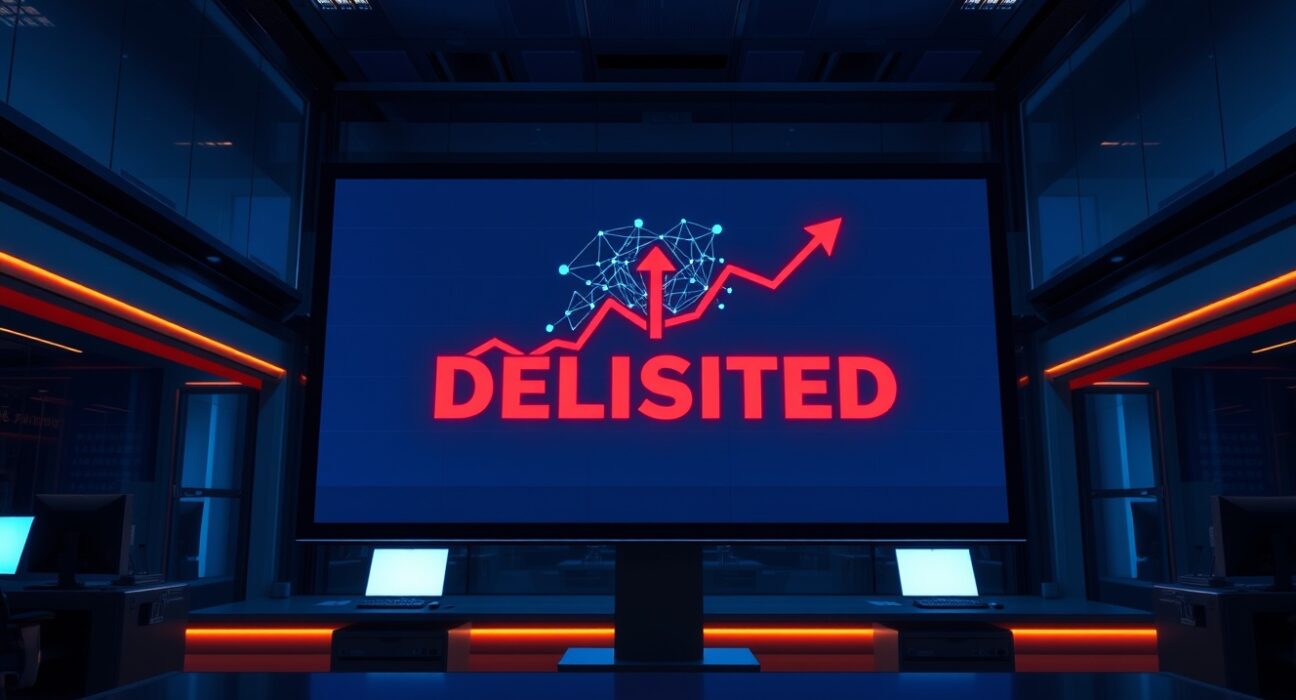 Digital display showing delisting alert with blockchain network graphic and downward arrow in a modern trading environment.