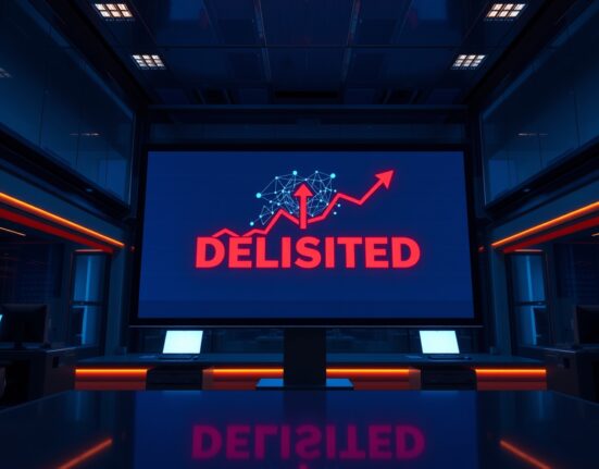 Digital display showing delisting alert with blockchain network graphic and downward arrow in a modern trading environment.