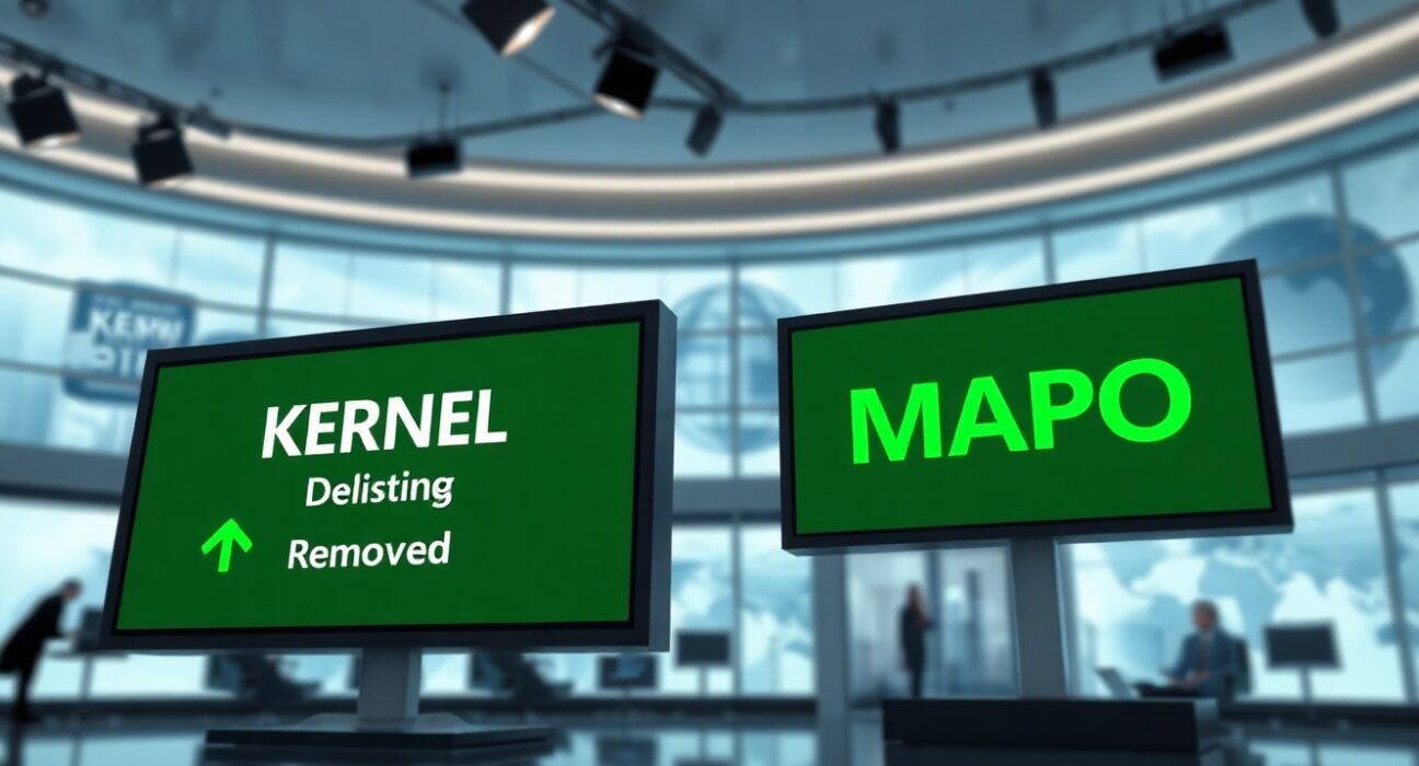 Digital display boards showing KERNEL and MAPO tokens removed from delisting watchlists on South Korean exchanges Bithumb and Coinone.
