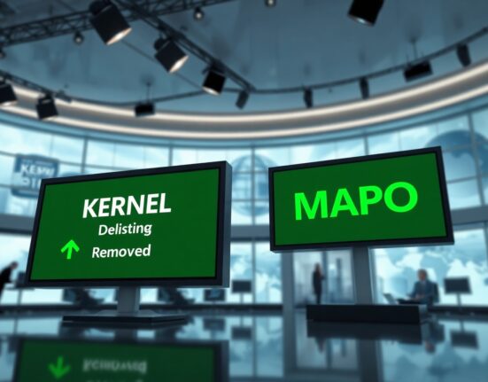 Digital display boards showing KERNEL and MAPO tokens removed from delisting watchlists on South Korean exchanges Bithumb and Coinone.