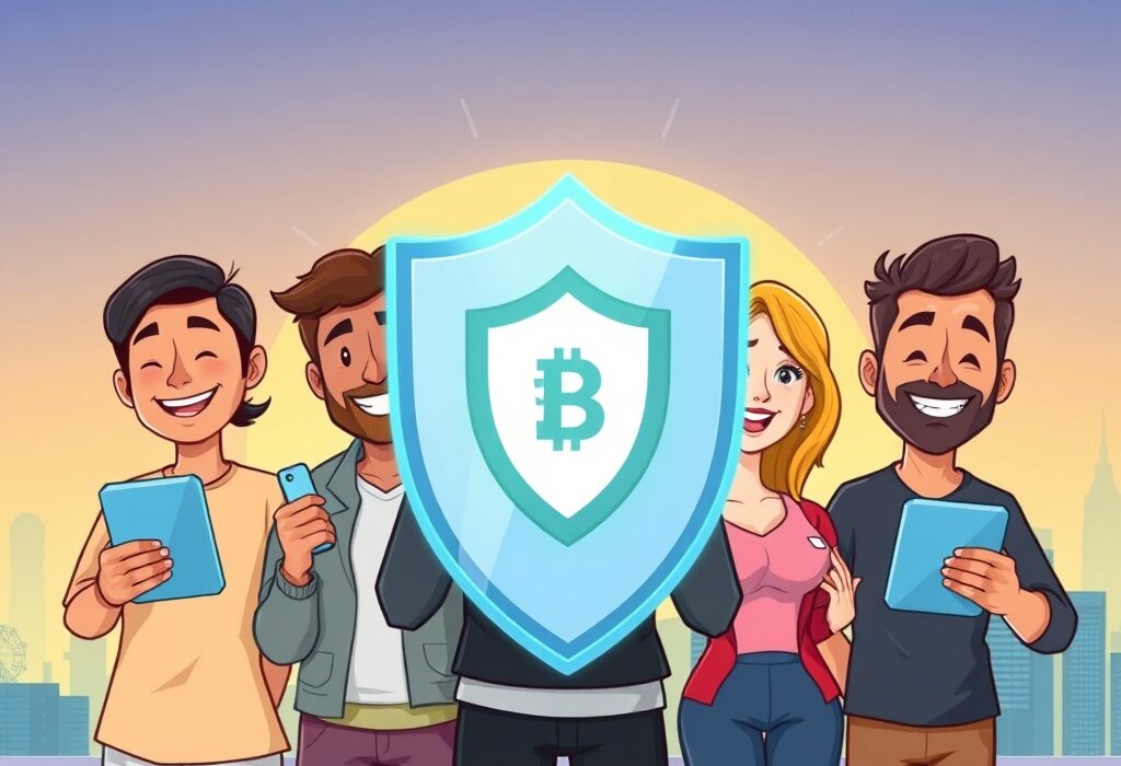 A cartoon illustration showing users receiving Bithumb compensation, symbolizing enhanced trust and security in the crypto exchange.