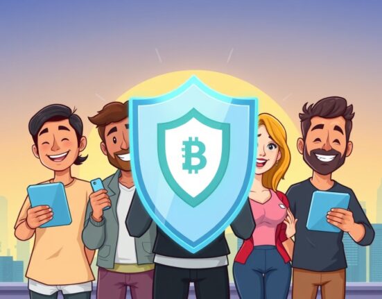 A cartoon illustration showing users receiving Bithumb compensation, symbolizing enhanced trust and security in the crypto exchange.