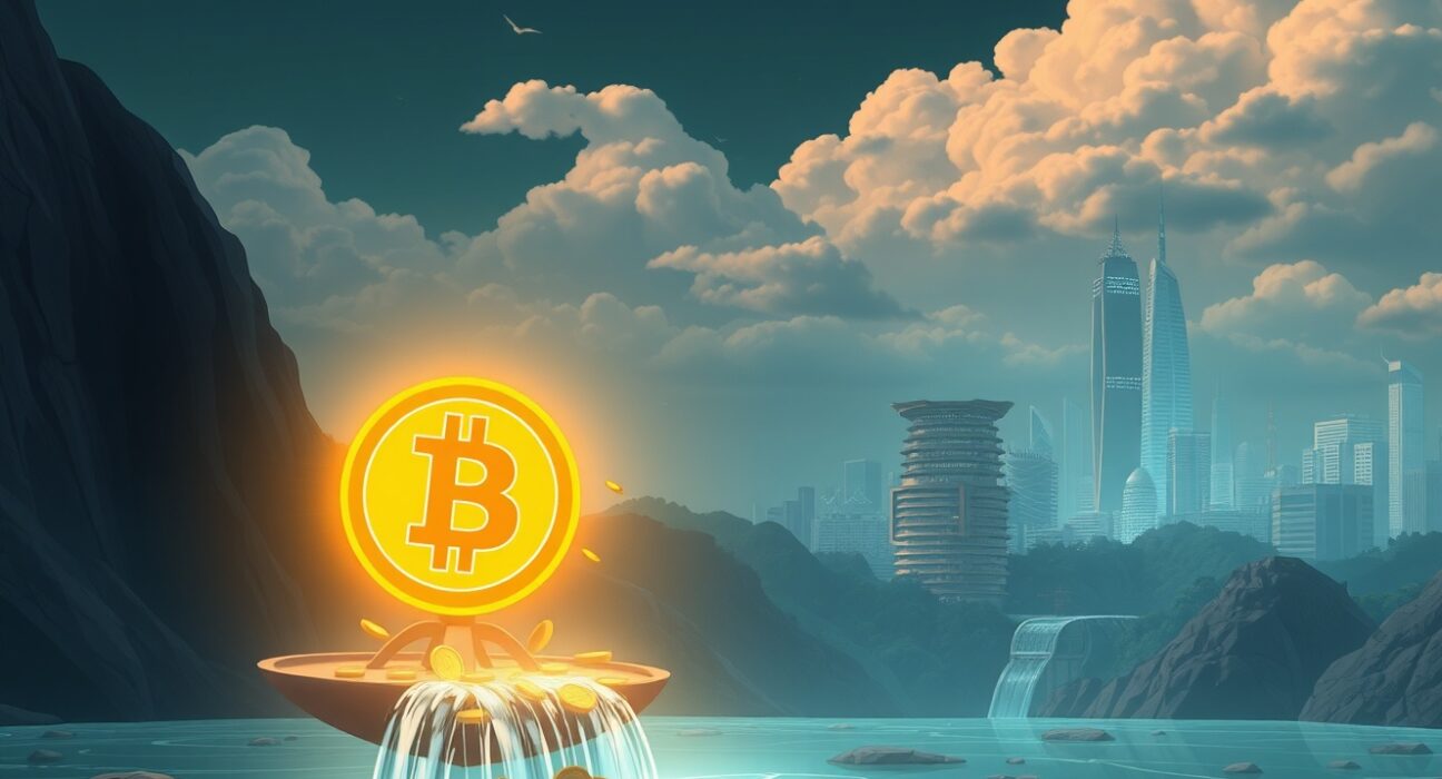 Conceptual Ghibli-style art representing the risk and volatility behind Bithumb's forced crypto lending liquidations.