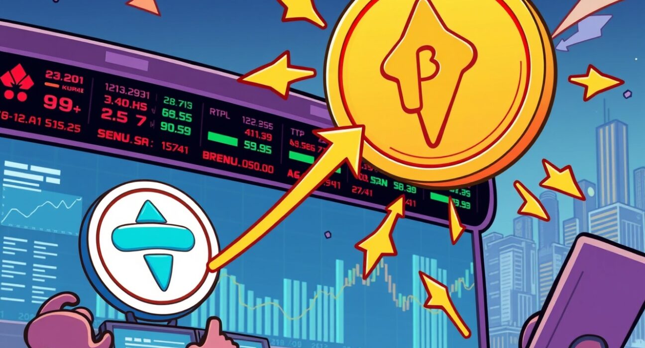 A cartoon illustration showing the excitement around new Bithumb crypto listings for Toshi and Holoworld.