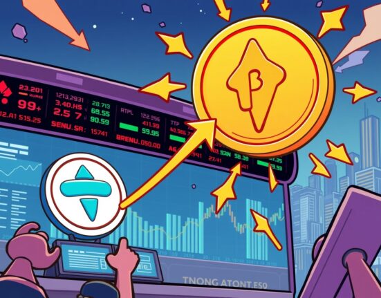 A cartoon illustration showing the excitement around new Bithumb crypto listings for Toshi and Holoworld.