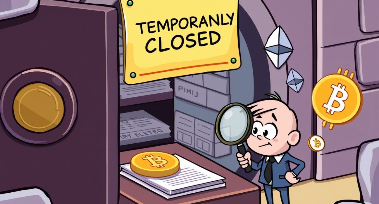A cartoon auditor inspecting a secure digital vault, symbolizing the temporary Bithumb crypto suspension for an essential audit.