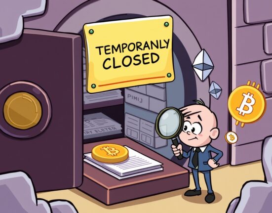 A cartoon auditor inspecting a secure digital vault, symbolizing the temporary Bithumb crypto suspension for an essential audit.