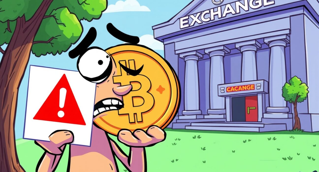 Bithumb CTXC investment warning illustration showing concerned investor with warning symbols