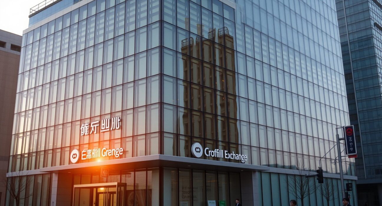 Exterior of a modern building in Seoul, South Korea, associated with a cryptocurrency exchange.