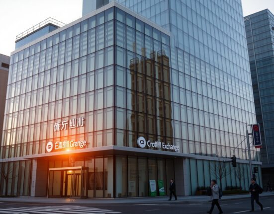 Exterior of a modern building in Seoul, South Korea, associated with a cryptocurrency exchange.