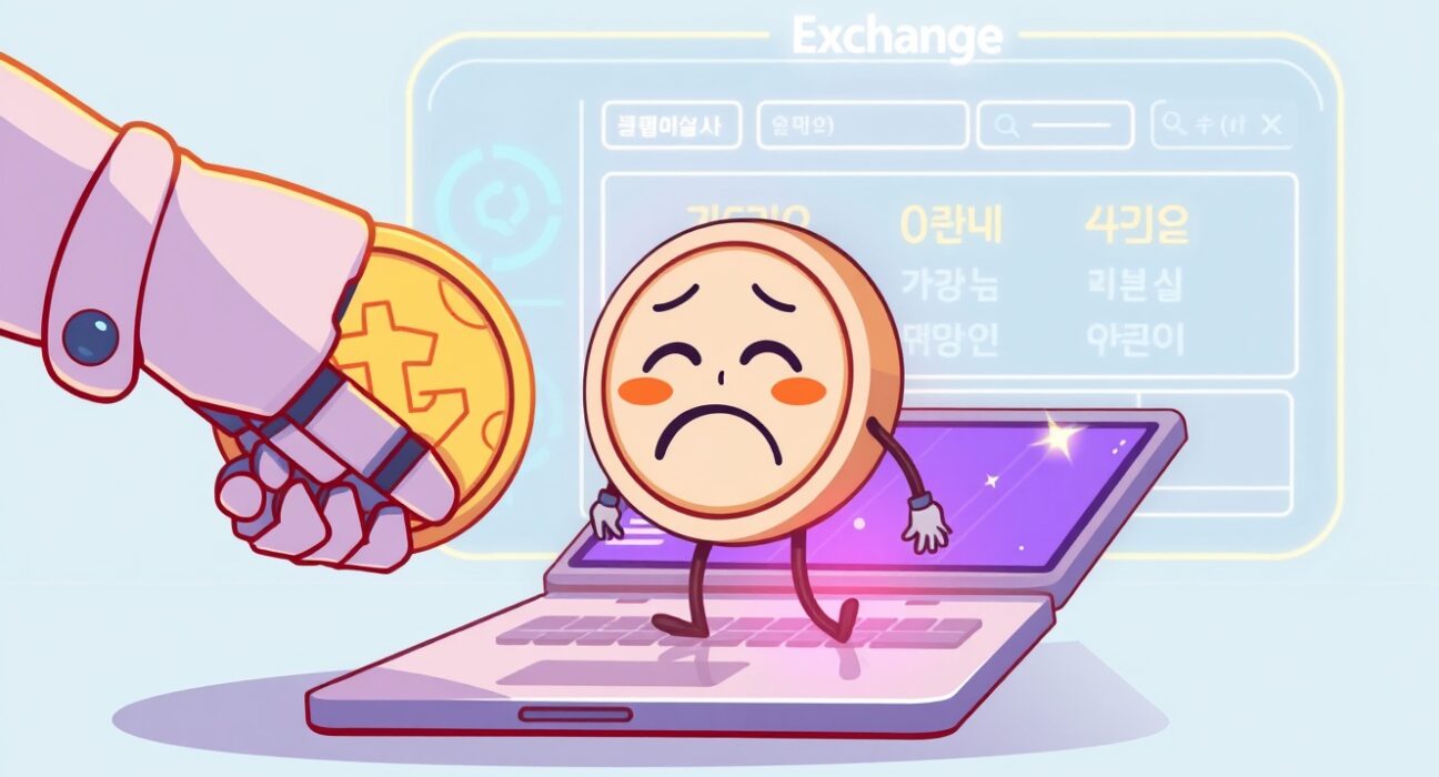 Cartoon illustration of a cryptocurrency token being delisted from the Bithumb exchange platform.