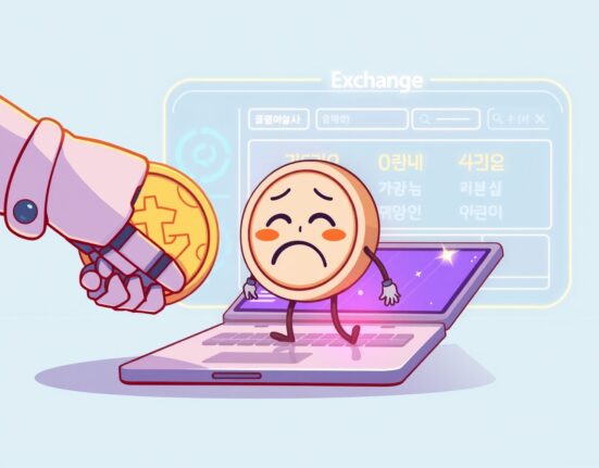 Cartoon illustration of a cryptocurrency token being delisted from the Bithumb exchange platform.