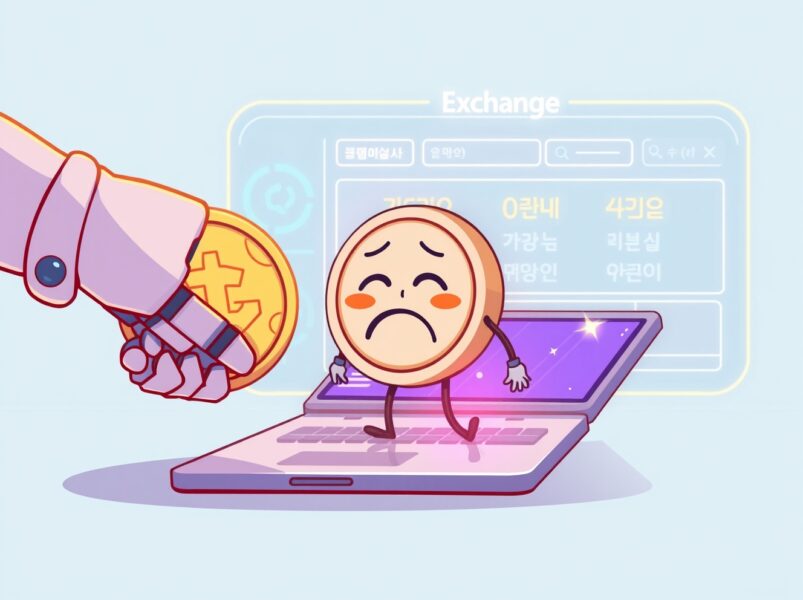 Cartoon illustration of a cryptocurrency token being delisted from the Bithumb exchange platform.