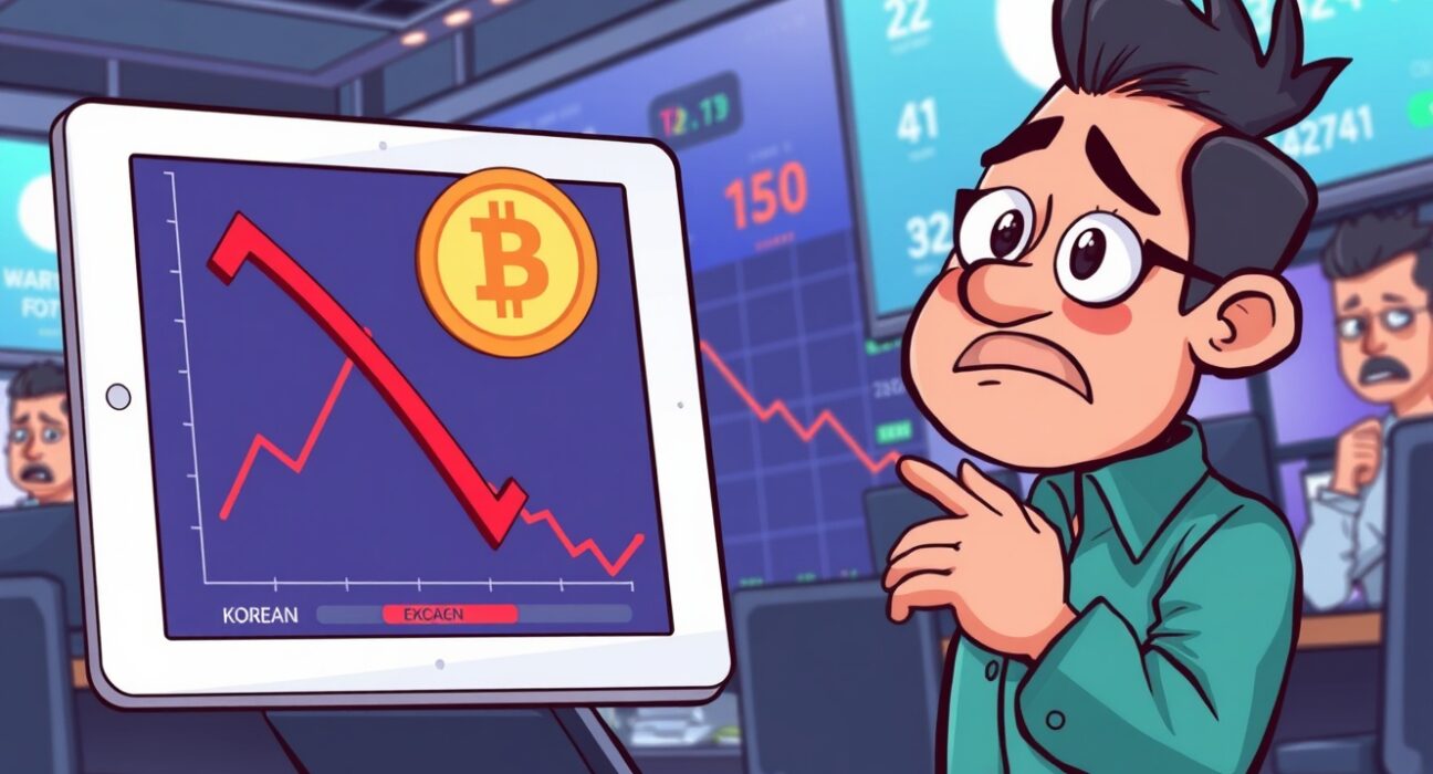 Cartoon illustration of the Bithumb delist EVZ announcement showing a concerned trader and a fading token symbol.