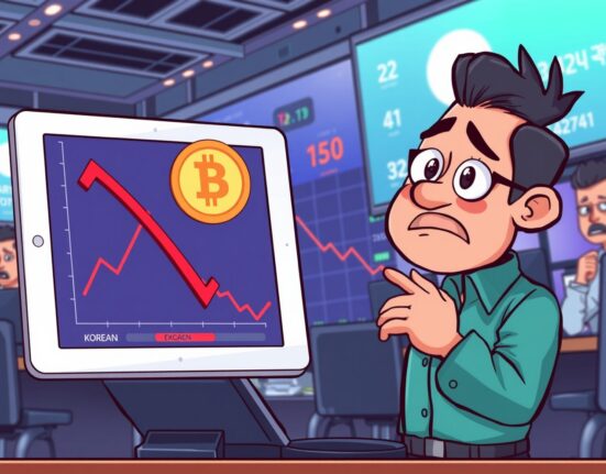 Cartoon illustration of the Bithumb delist EVZ announcement showing a concerned trader and a fading token symbol.