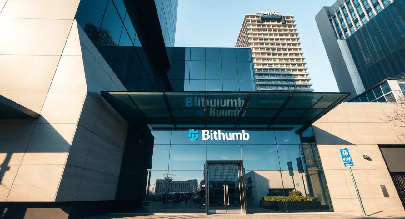 Exterior of a modern office building in Seoul with Bithumb branding, representing the exchange's headquarters.