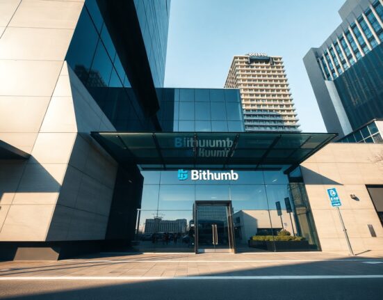 Exterior of a modern office building in Seoul with Bithumb branding, representing the exchange's headquarters.
