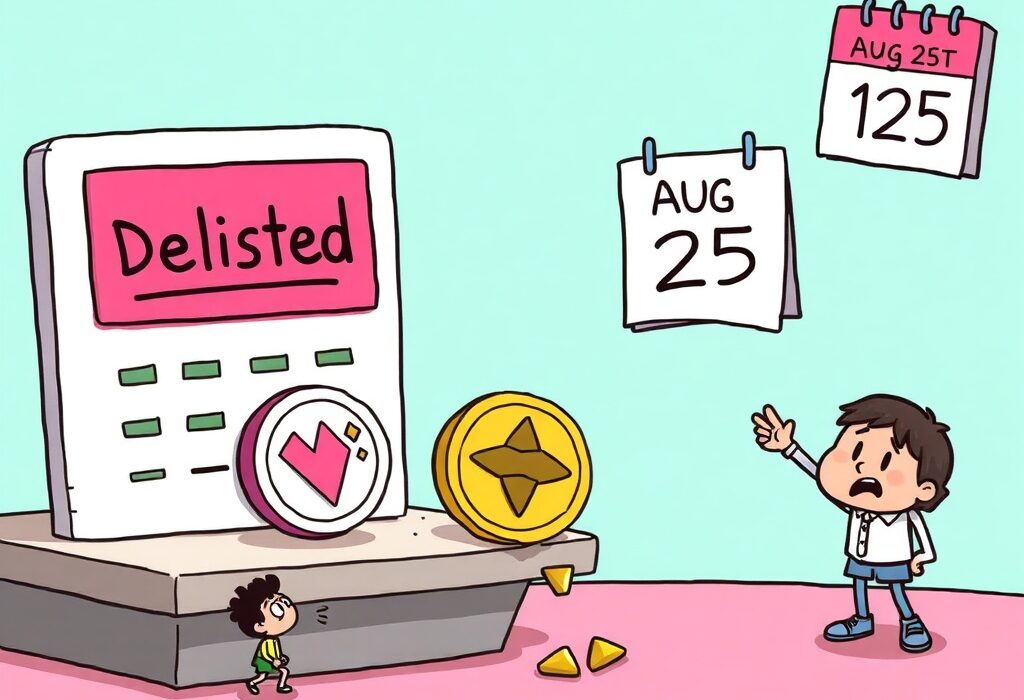Cartoon illustration depicting the urgent Bithumb delisting of WOM and KWENTA tokens, highlighting the August 25 deadline.