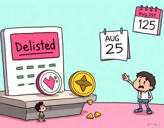 Cartoon illustration depicting the urgent Bithumb delisting of WOM and KWENTA tokens, highlighting the August 25 deadline.