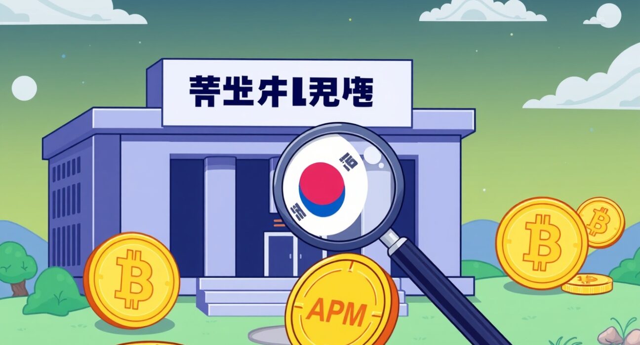 A cartoon illustration of the Bithumb delisting watchlist process, showing a coin under scrutiny.