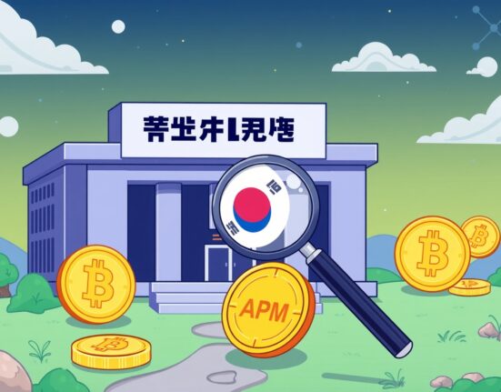 A cartoon illustration of the Bithumb delisting watchlist process, showing a coin under scrutiny.