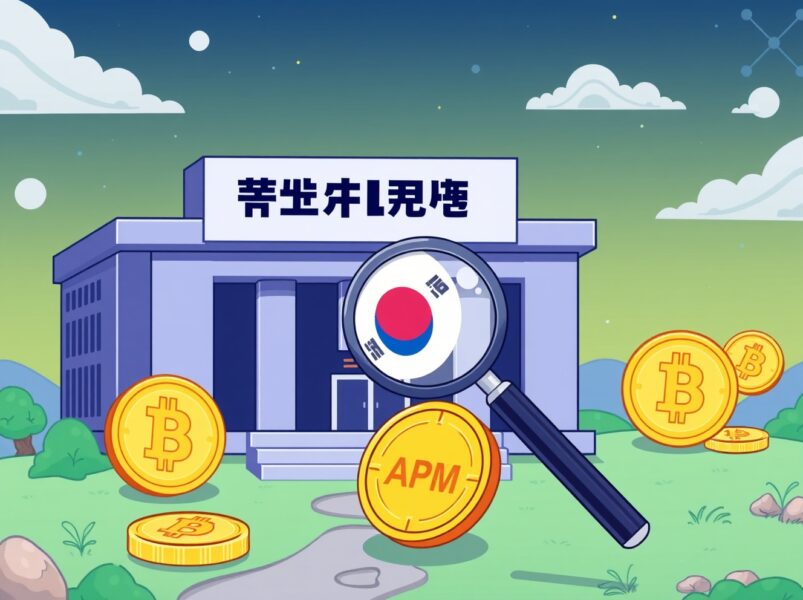 A cartoon illustration of the Bithumb delisting watchlist process, showing a coin under scrutiny.