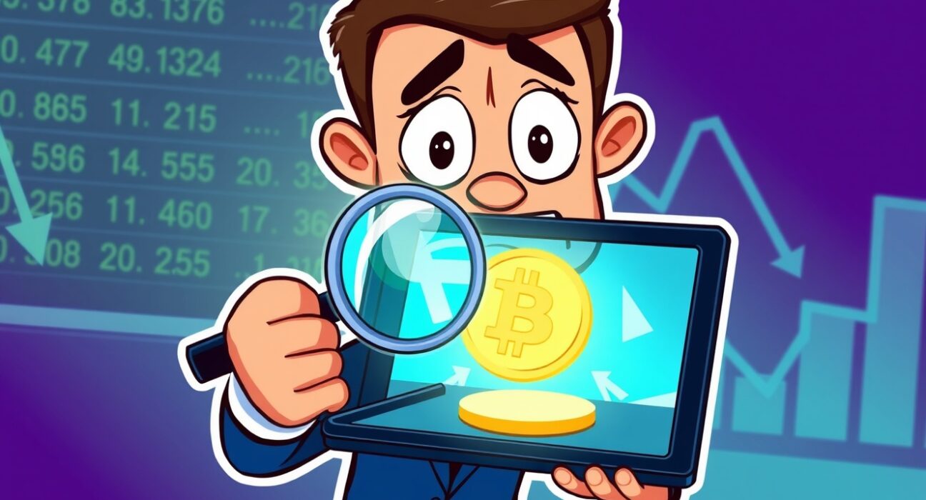 Cartoon illustration analyzing the Bithumb delisting watchlist decision for a cryptocurrency token.