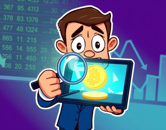 Cartoon illustration analyzing the Bithumb delisting watchlist decision for a cryptocurrency token.