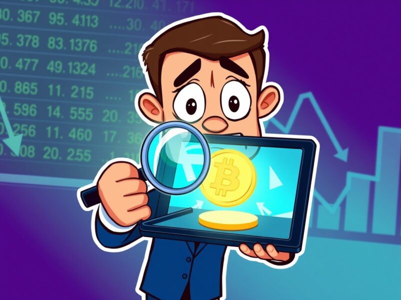 Cartoon illustration analyzing the Bithumb delisting watchlist decision for a cryptocurrency token.