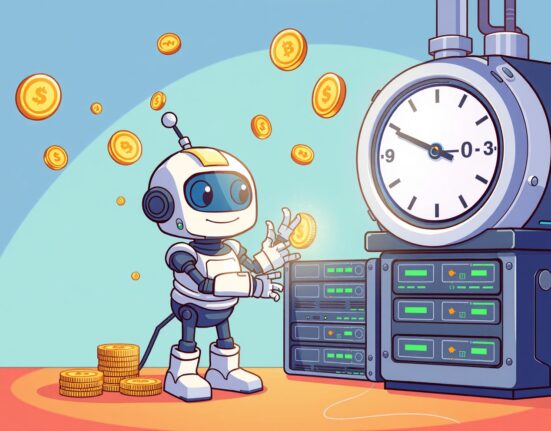 Bithumb digital asset withdrawals maintenance period illustrated with friendly robot and floating coins