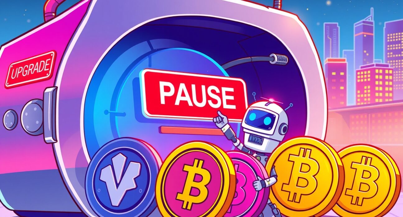 Cartoon illustration of a crypto exchange interface with a 'pause' sign, symbolizing the Bithumb DYDX suspension for an upgrade.