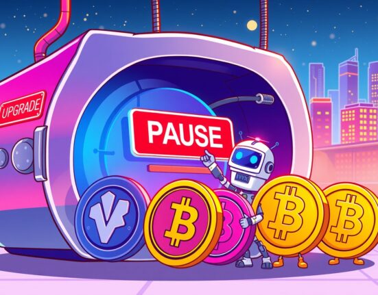 Cartoon illustration of a crypto exchange interface with a 'pause' sign, symbolizing the Bithumb DYDX suspension for an upgrade.