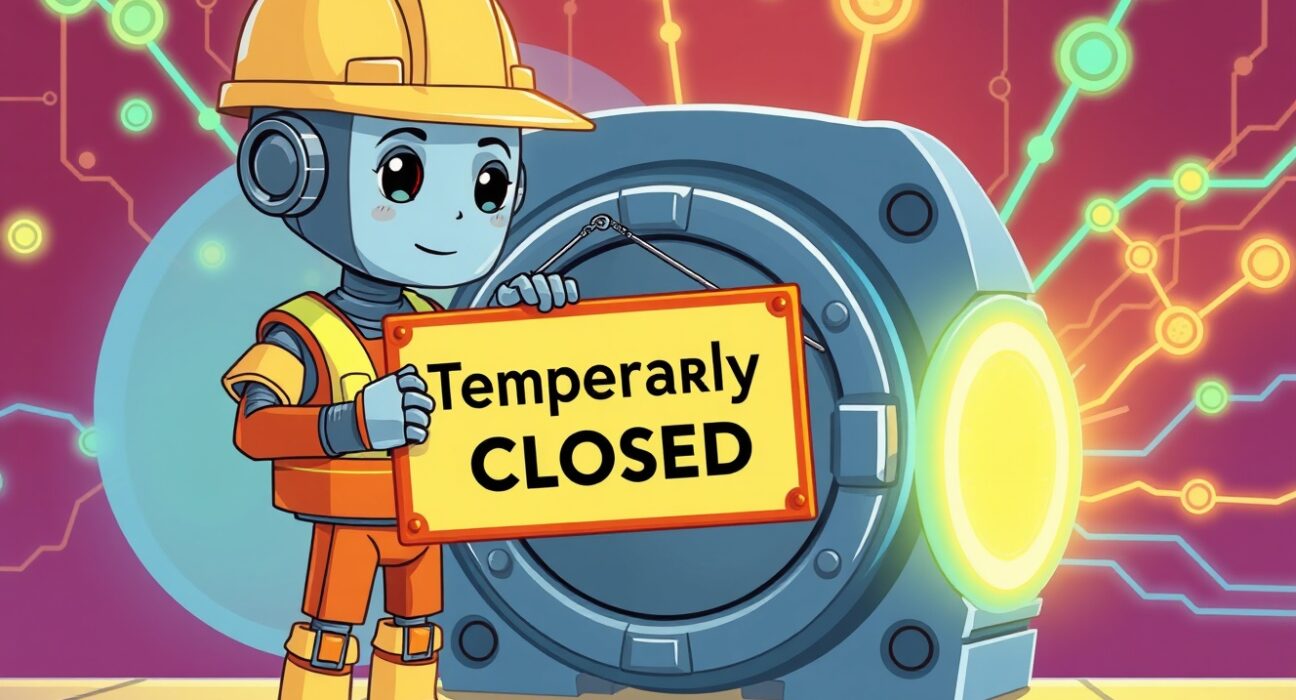 A cartoon robot pausing EGLD deposits and withdrawals for a network upgrade on a digital vault.