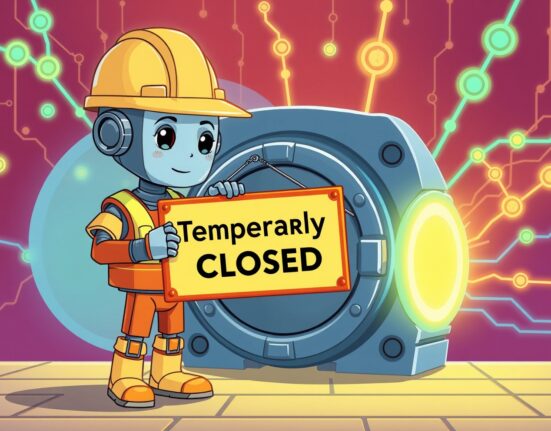 A cartoon robot pausing EGLD deposits and withdrawals for a network upgrade on a digital vault.